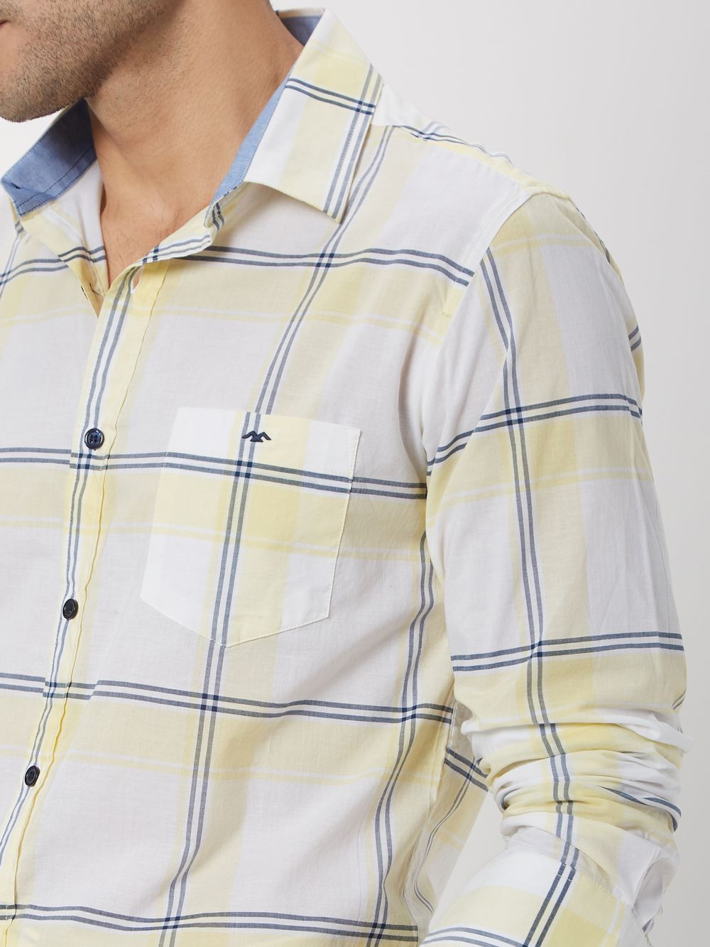 White & Light Yellow Windowpane Check Slim Fit Casual Shirt