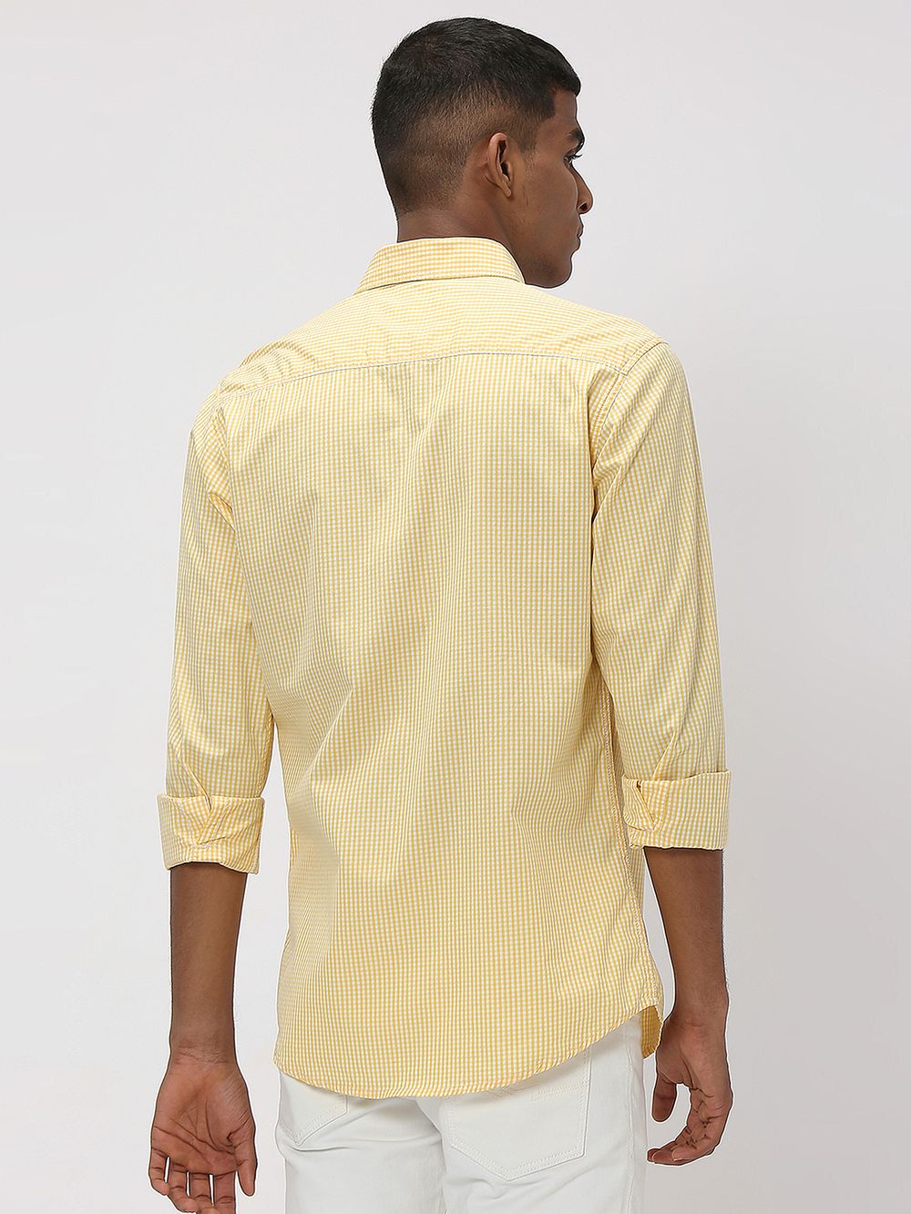 Yellow & White Gingham Check Slim Fit Casual Shirt
