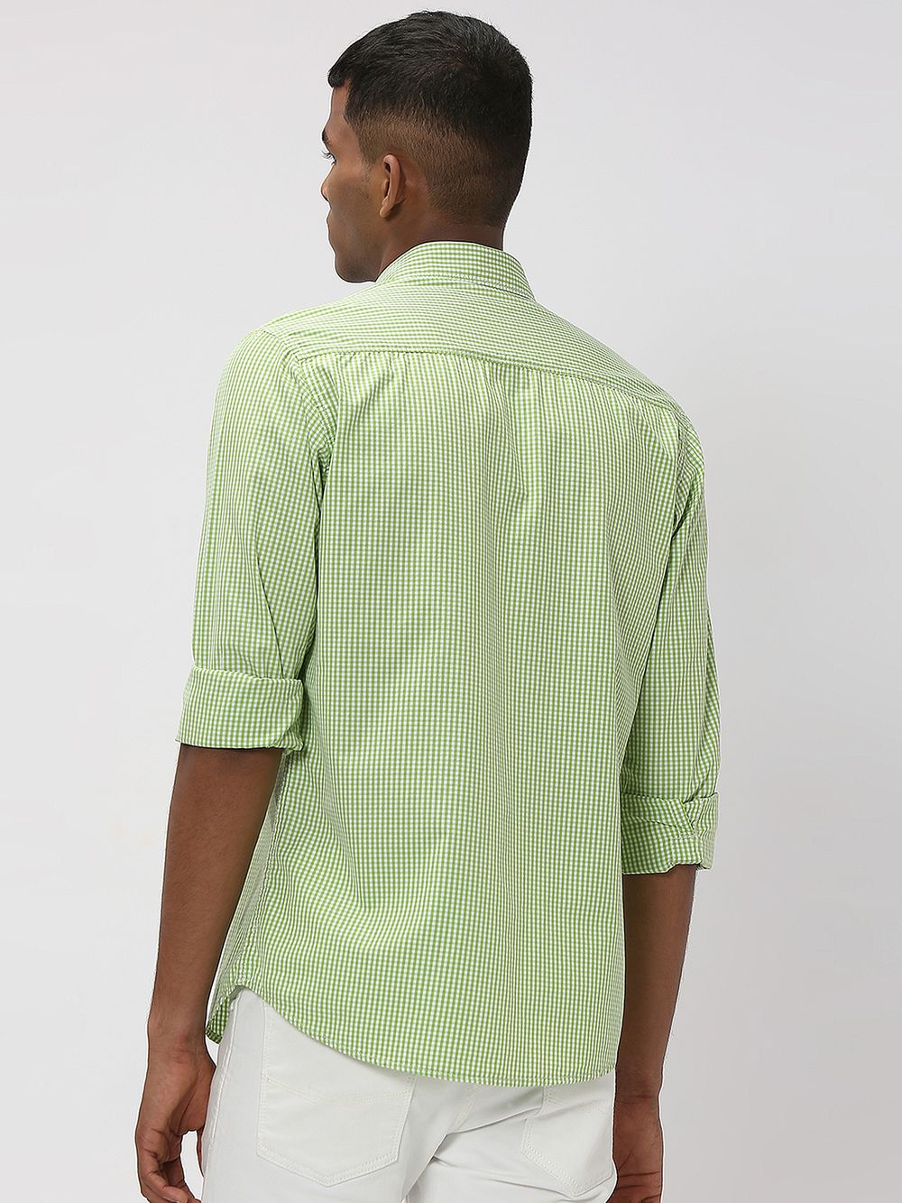 Green & White Gingham Check Slim Fit Casual Shirt