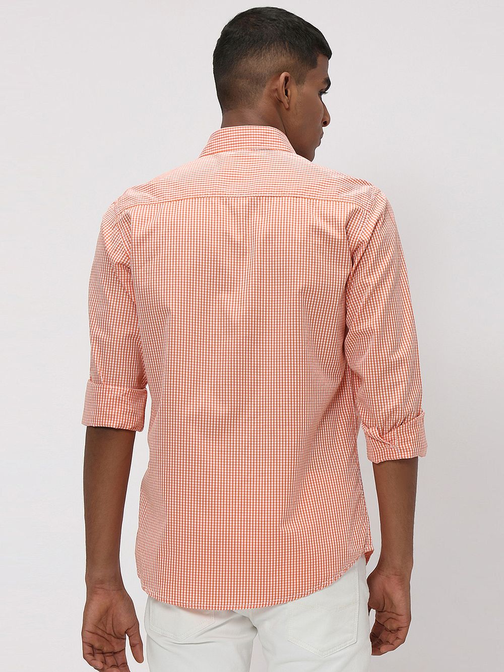 Orange & White Gingham Check Slim Fit Casual Shirt