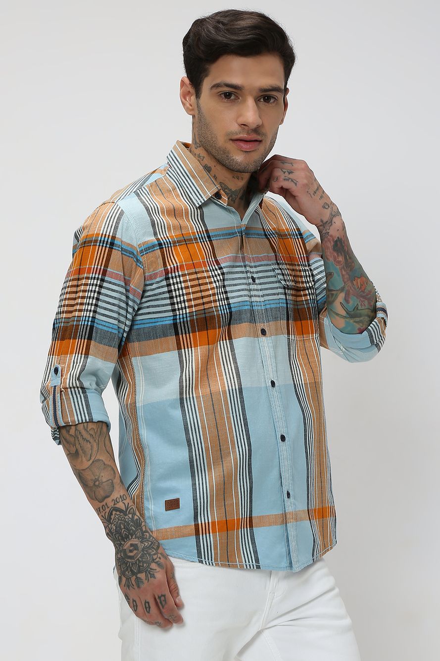 Light Blue & Multi Large Check Slim Fit Casual Shirt