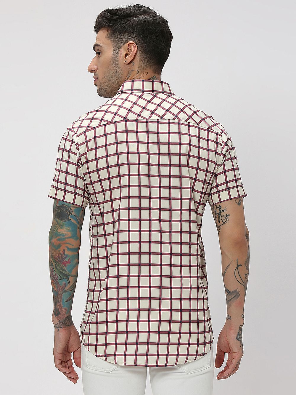 Off White & Pink Grid Check Slim Fit Casual Shirt