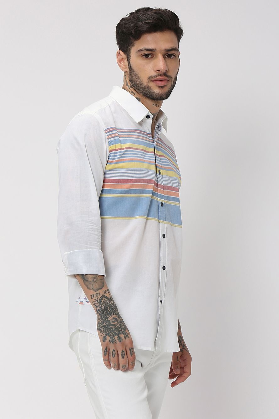 White & Multi Abstract Stripe Slim Fit Casual Shirt