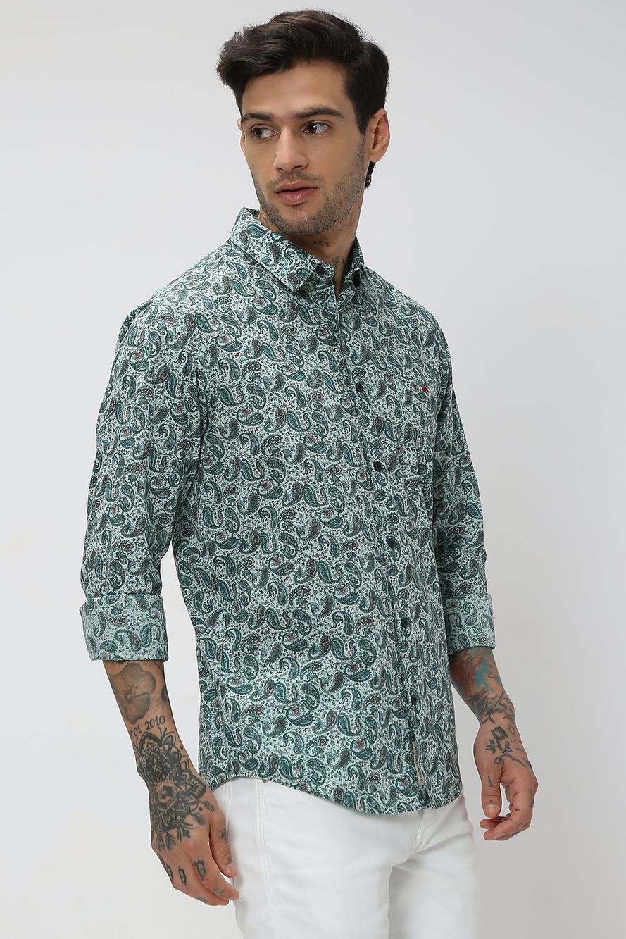 Green Paisley Print Slim Fit Casual Shirt