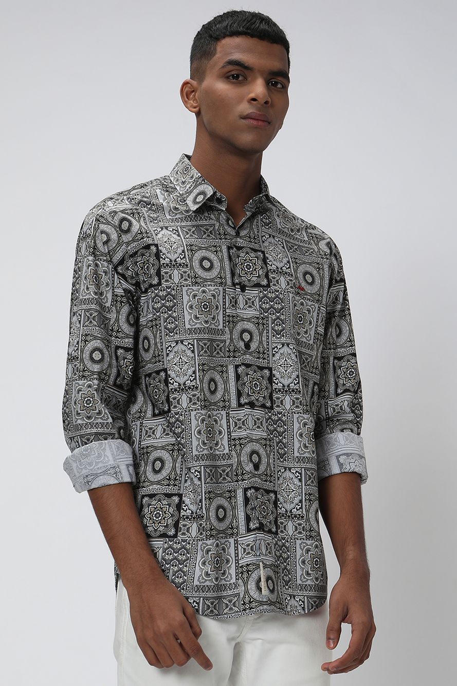 Grey & White Digital Print Slim Fit Casual Shirt