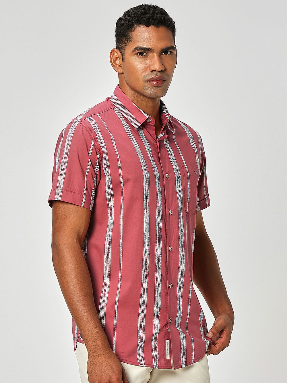 Pink & Off White Printed Stripe Lightweight Shirt
