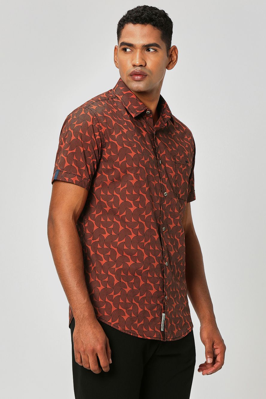 Orange & Navy Abstract Print Slub Shirt