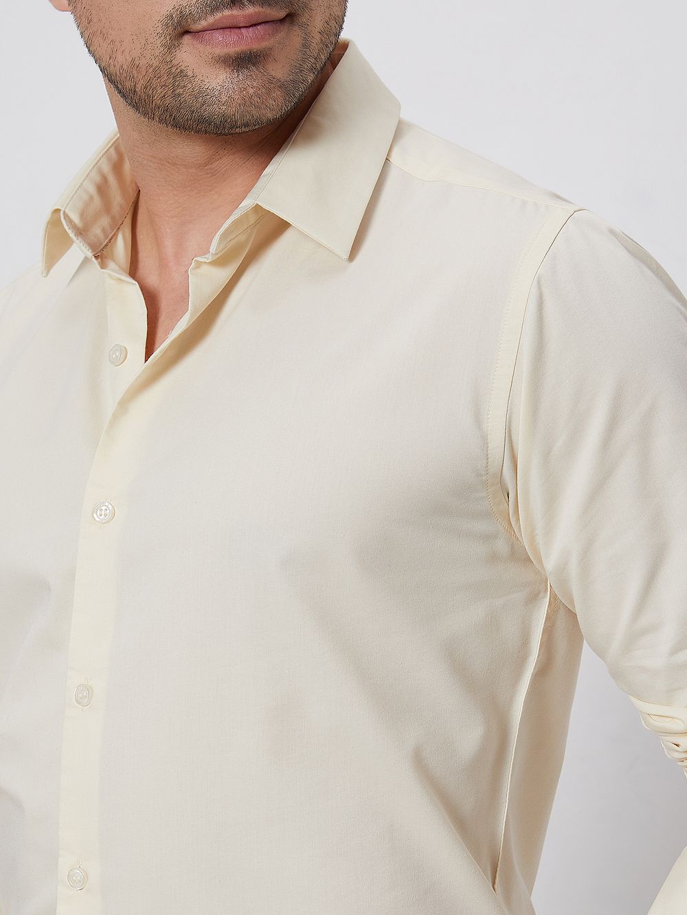 Beige Stretch Plain Slim Fit Casual Shirt