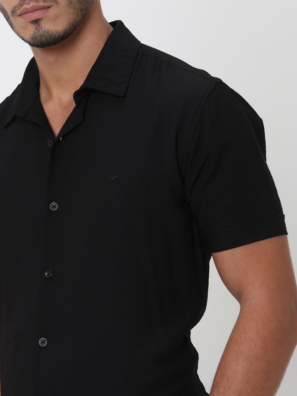 Black Textured Viscose Blend Plain Slim Fit Casual Shirt