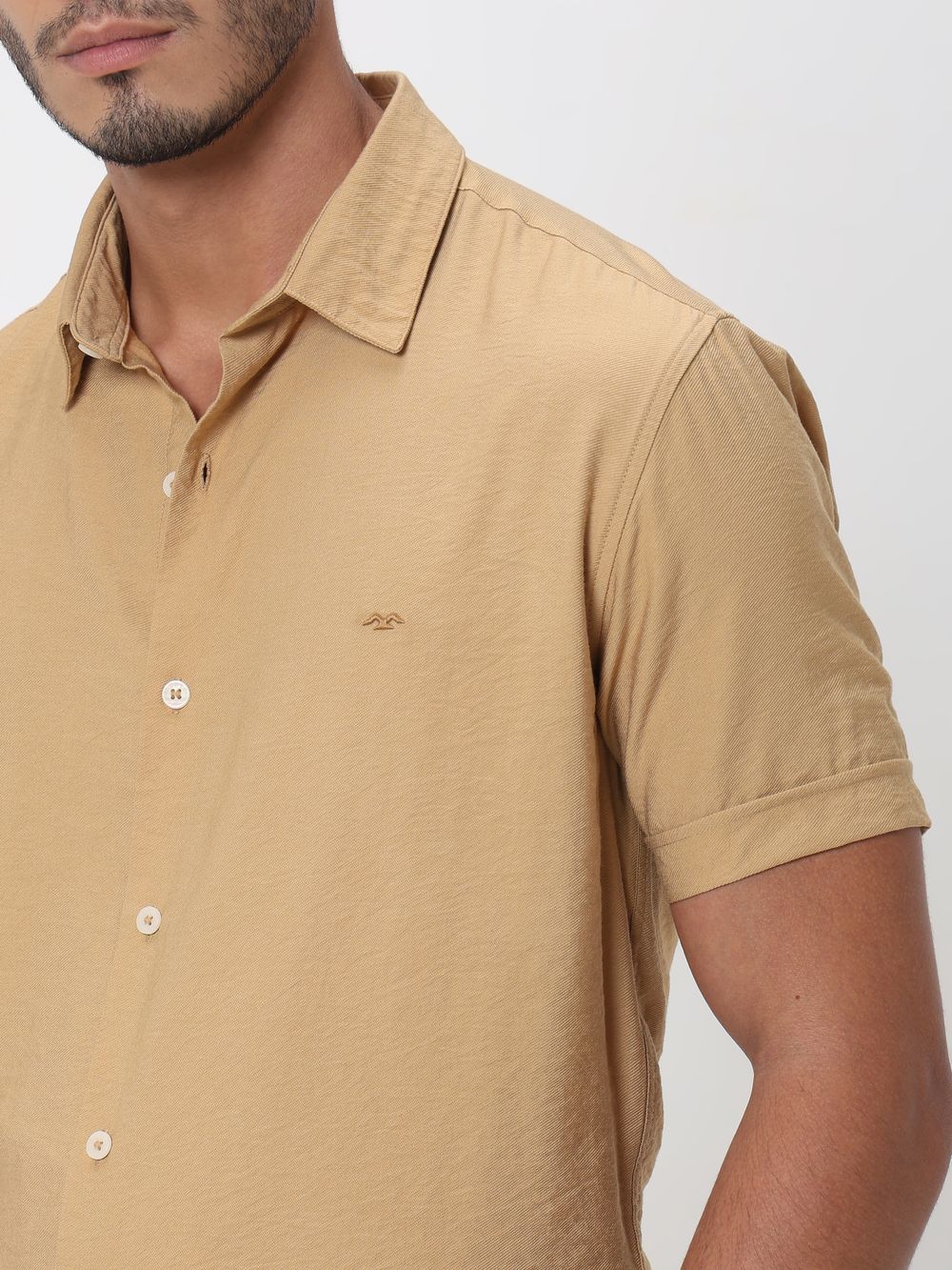 Light Khaki Textured Viscose Blend Plain Slim Fit Casual Shirt