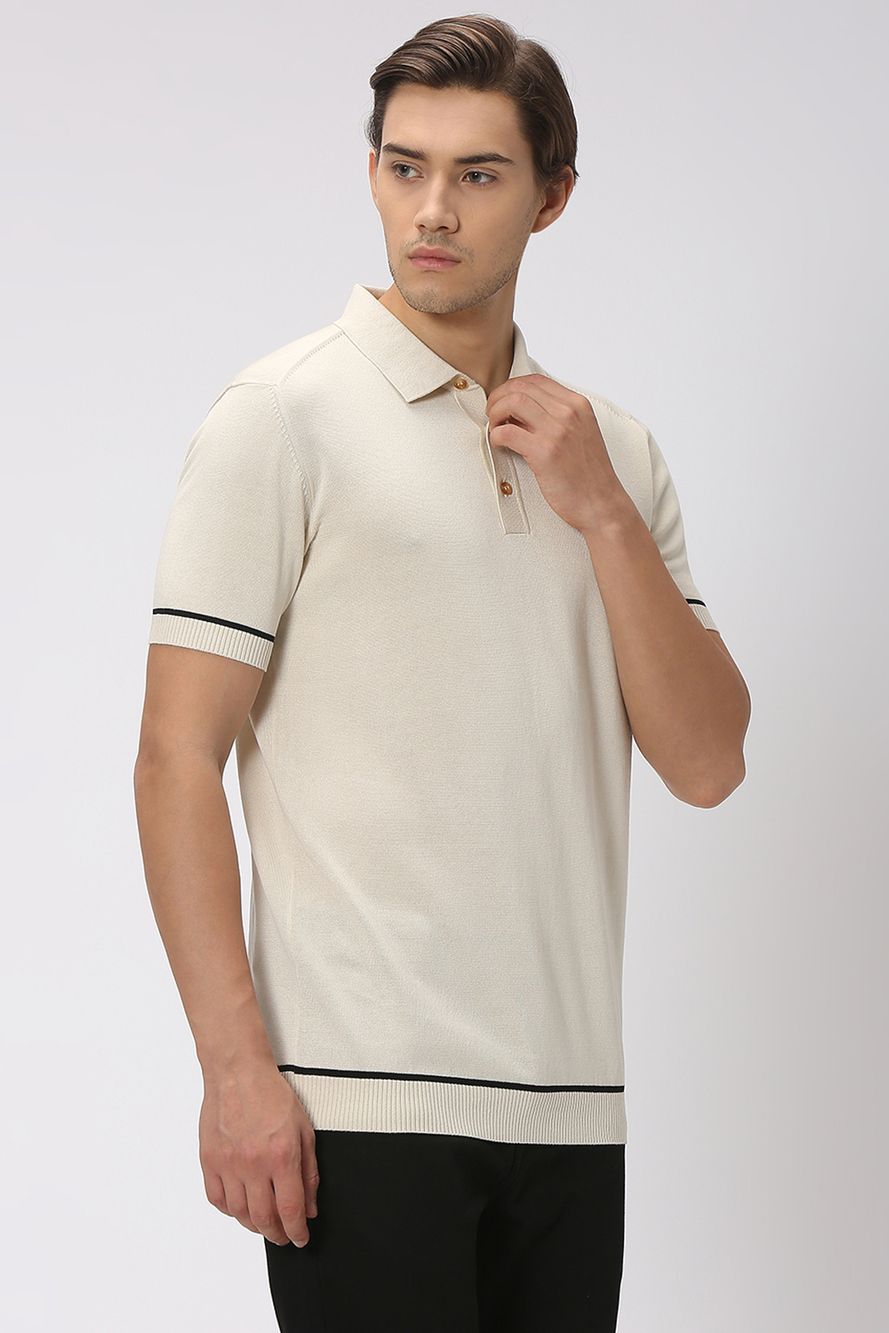 Off White Solid Flatknit Polo