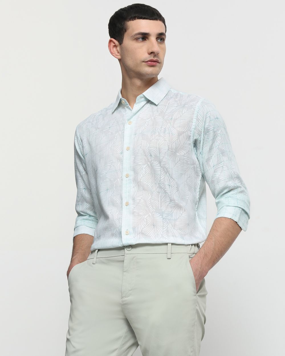 Light Green Tonal Check Slim Fit Casual Shirt