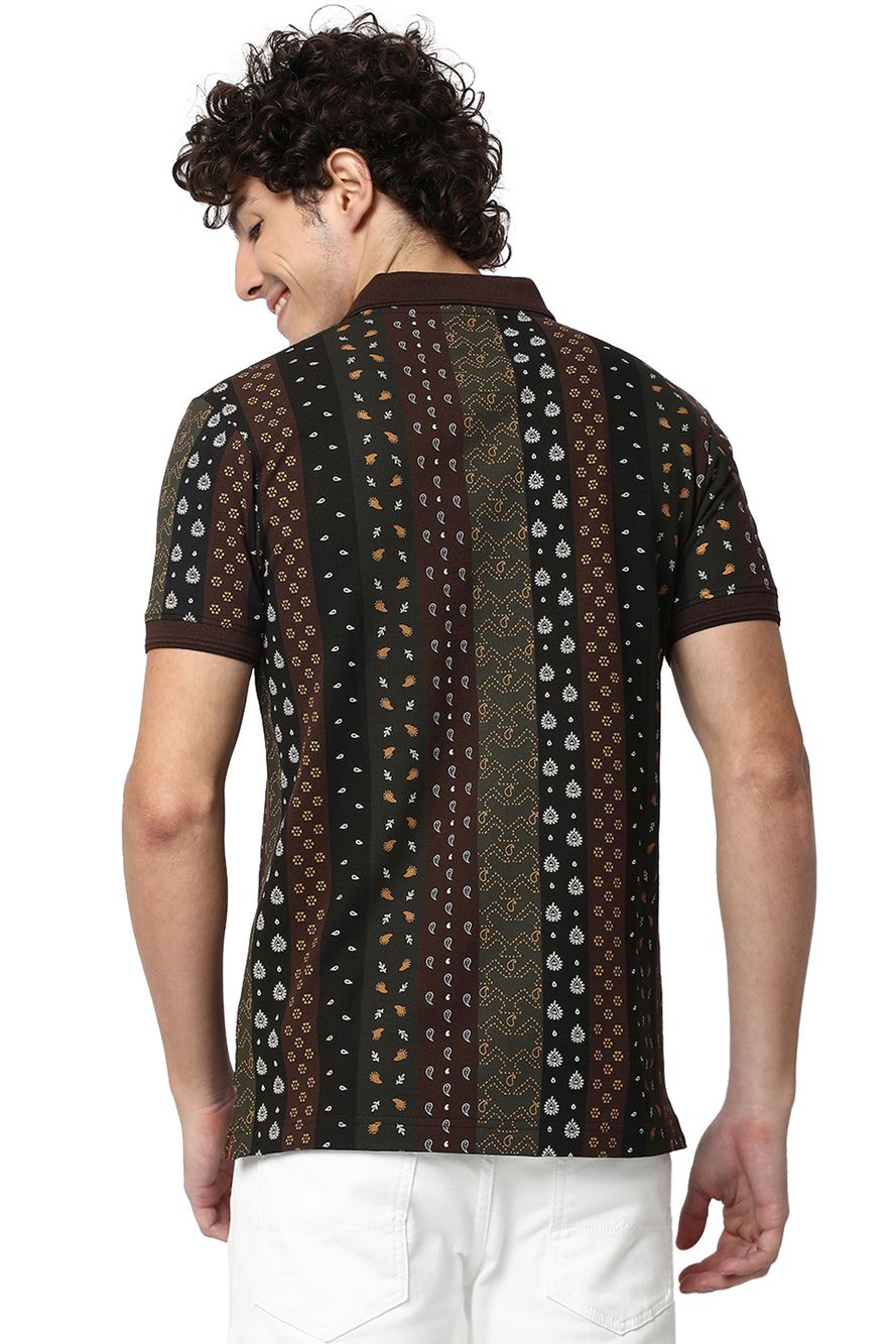 Brown Paisley Print Pique Polo