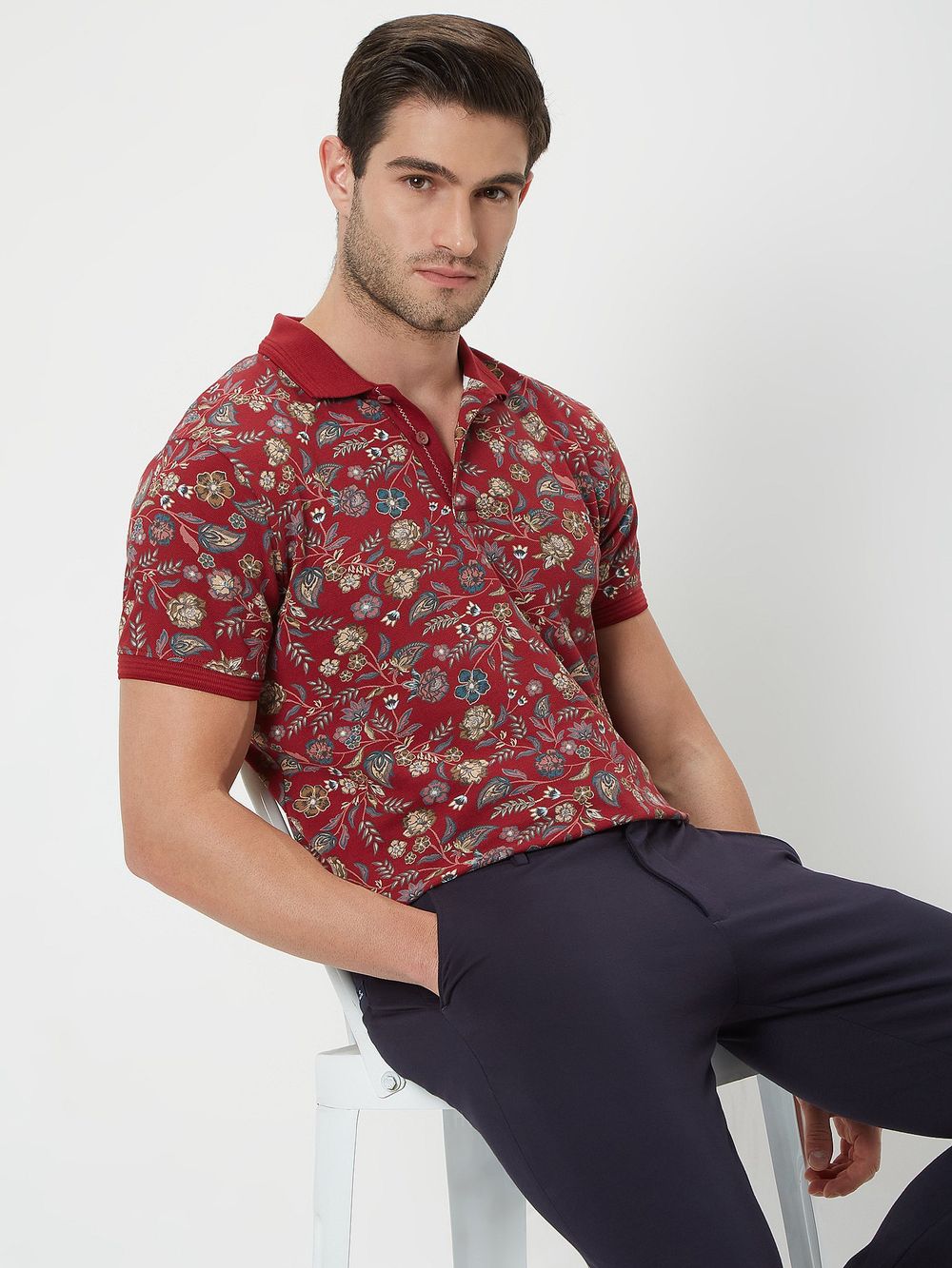 Maroon & Multi Floral Print Polo T-Shirt