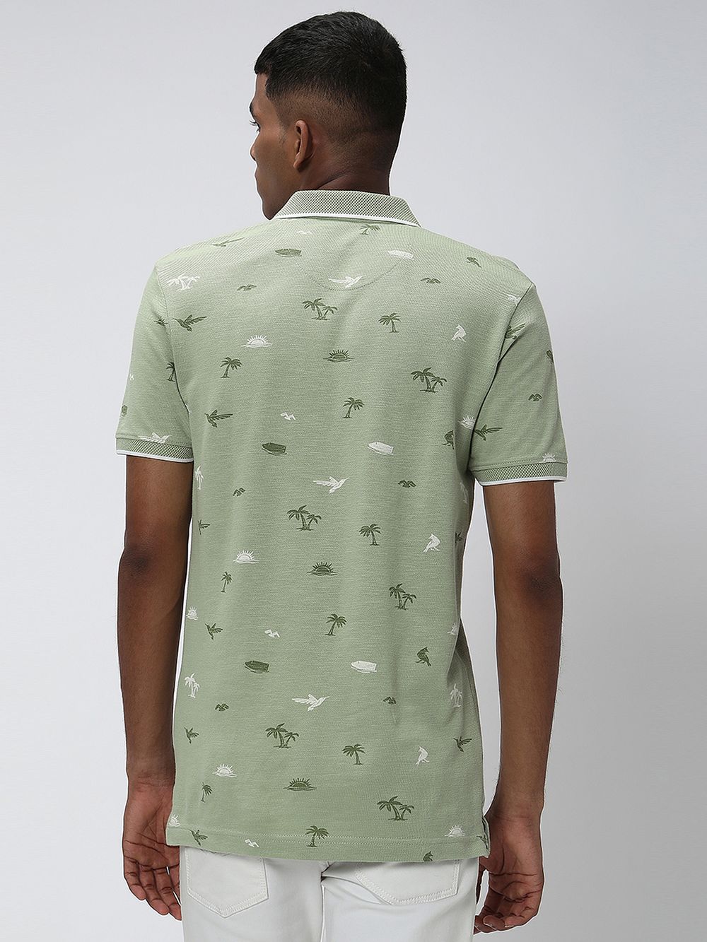Light Olive & White Palm Print Polo T-Shirt