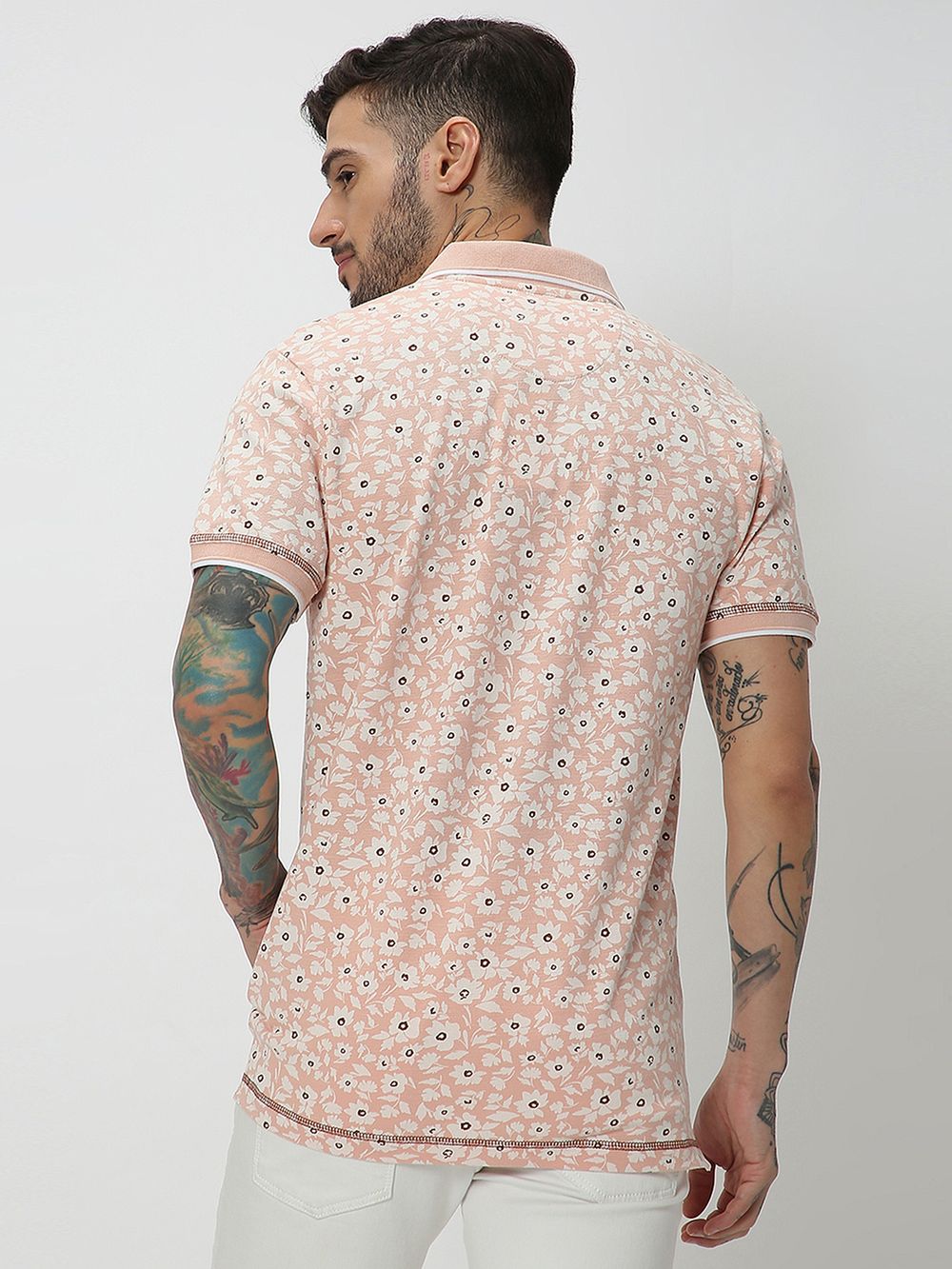 Peach & Off White Print Slub Pique Polo T-Shirt