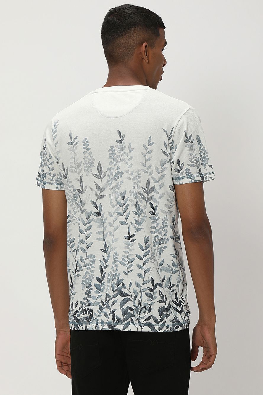 Off White & Navy Leaf Print Popcorn T-Shirt