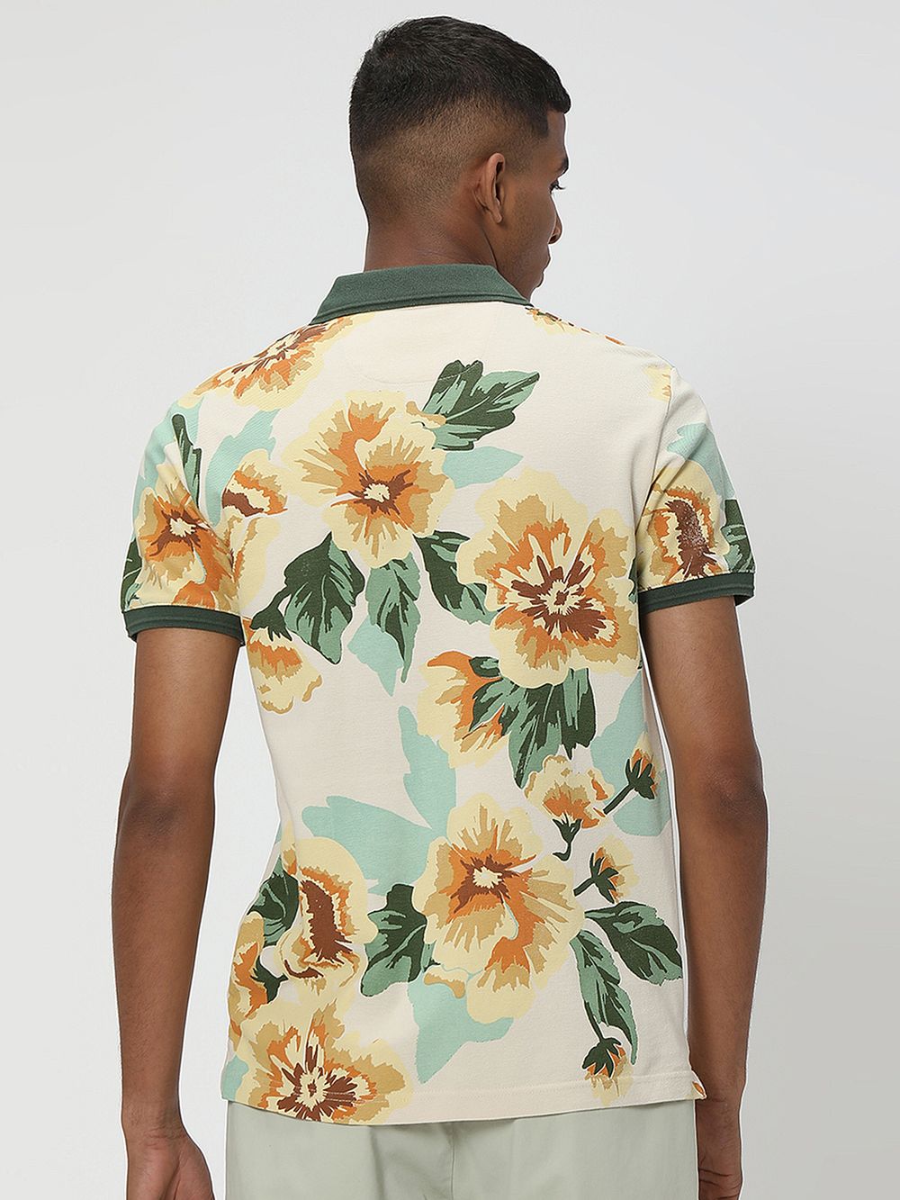 Off White & Green Floral Print Pique Polo T-Shirt