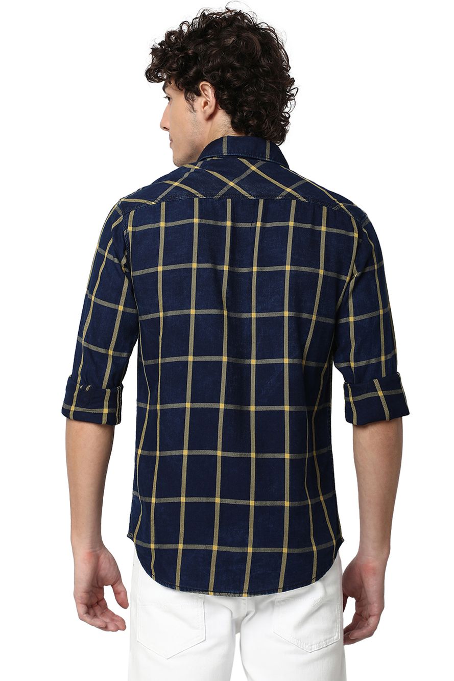 Indigo Blue & Mustard Windowpane Check Slim Fit Casual Shirt