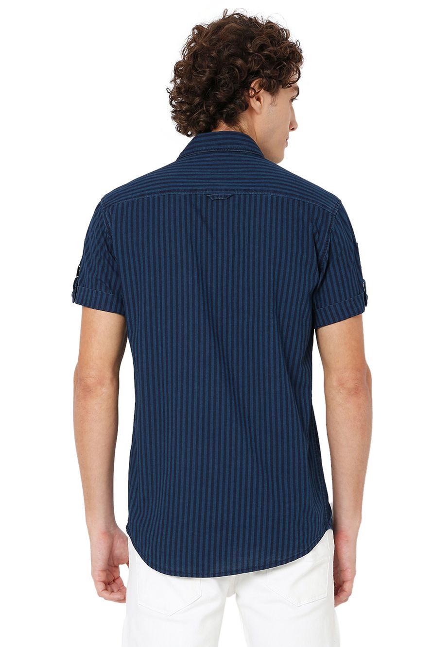 Dark Indigo Blue Tonal Stripe Slim Fit Casual Shirt