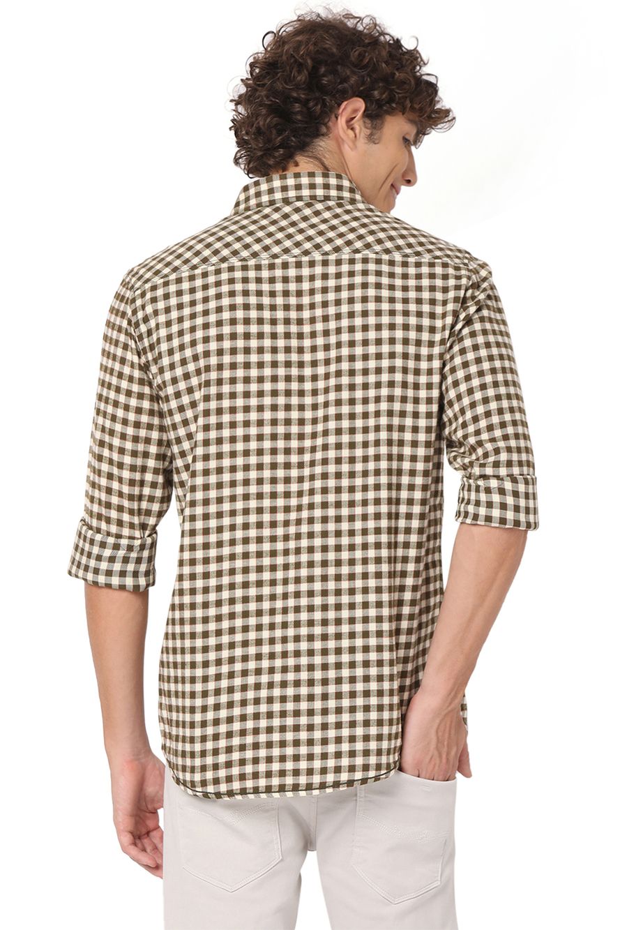 Off White & Olive Flannel Check Slim Fit Casual Shirt