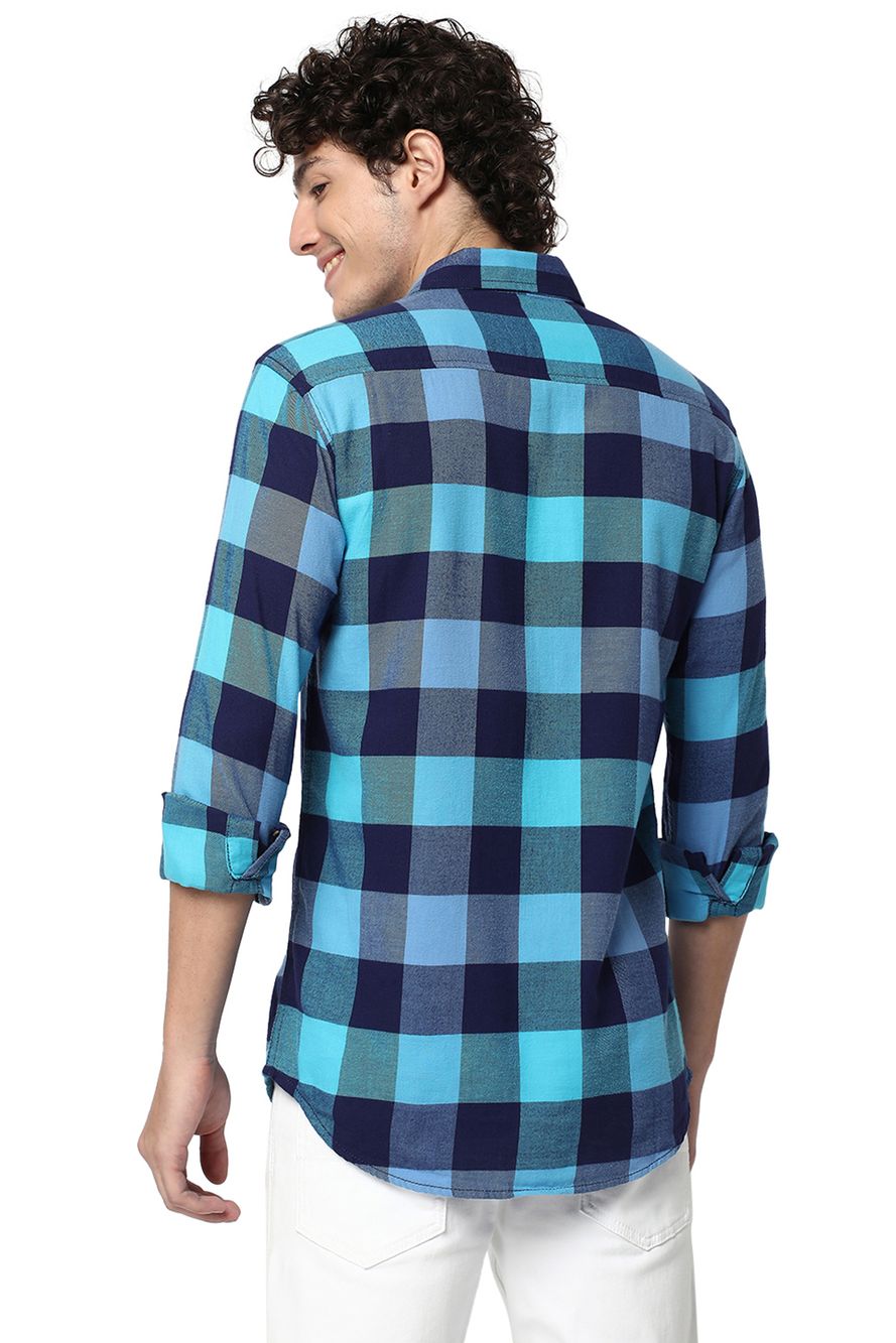 Turquoise & Navy Madras Check Slim Fit Casual Shirt