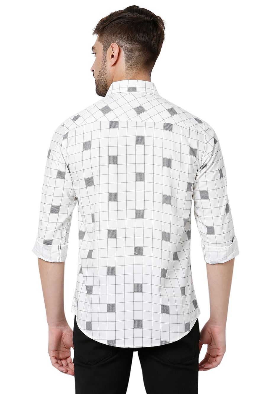 White & Black Graphic Check Slim Fit Casual Shirt