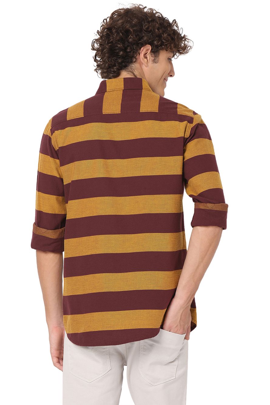 Maroon & Mustard Stripe Slim Fit Casual Shirt