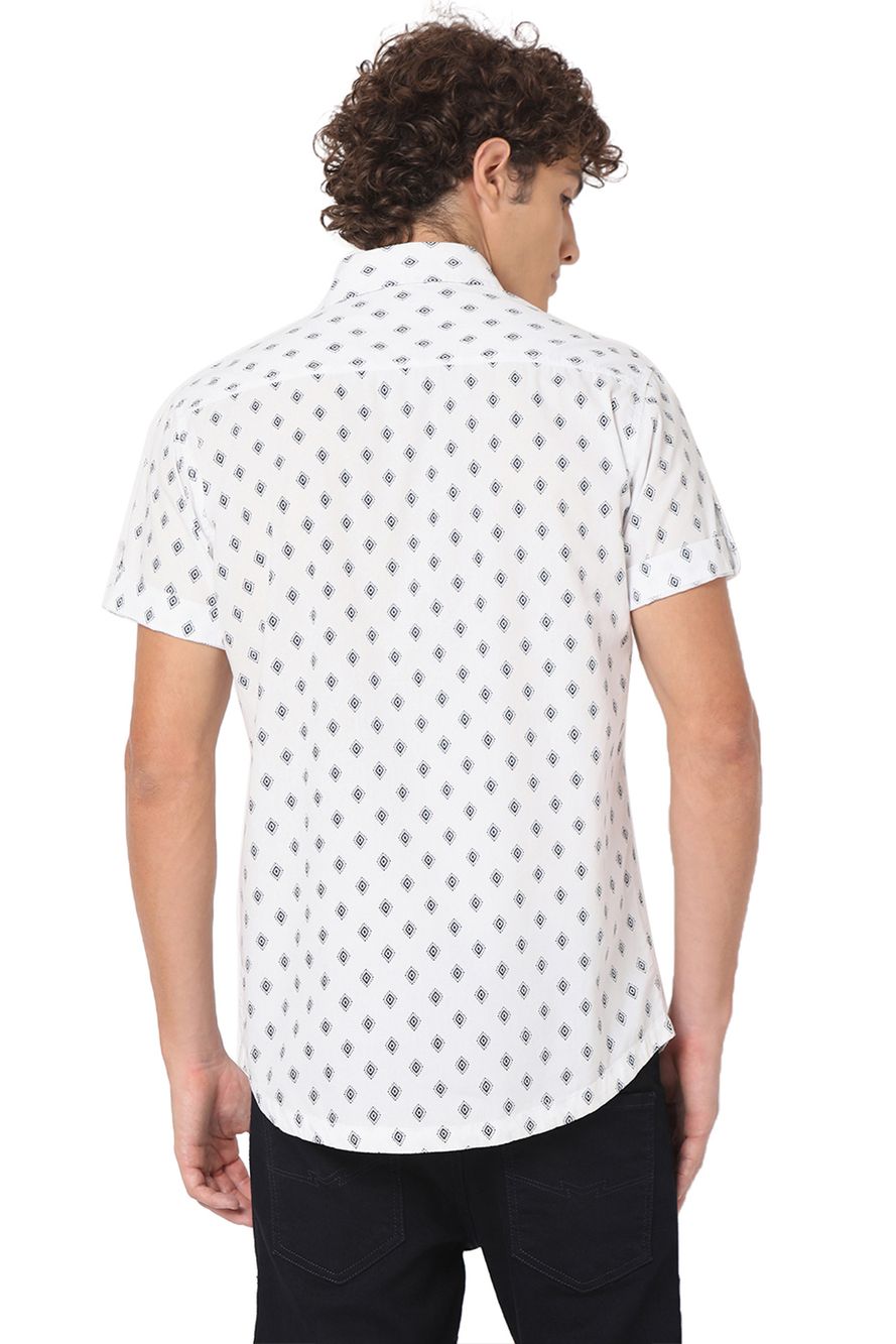 White & Navy Print Slim Fit Casual Shirt