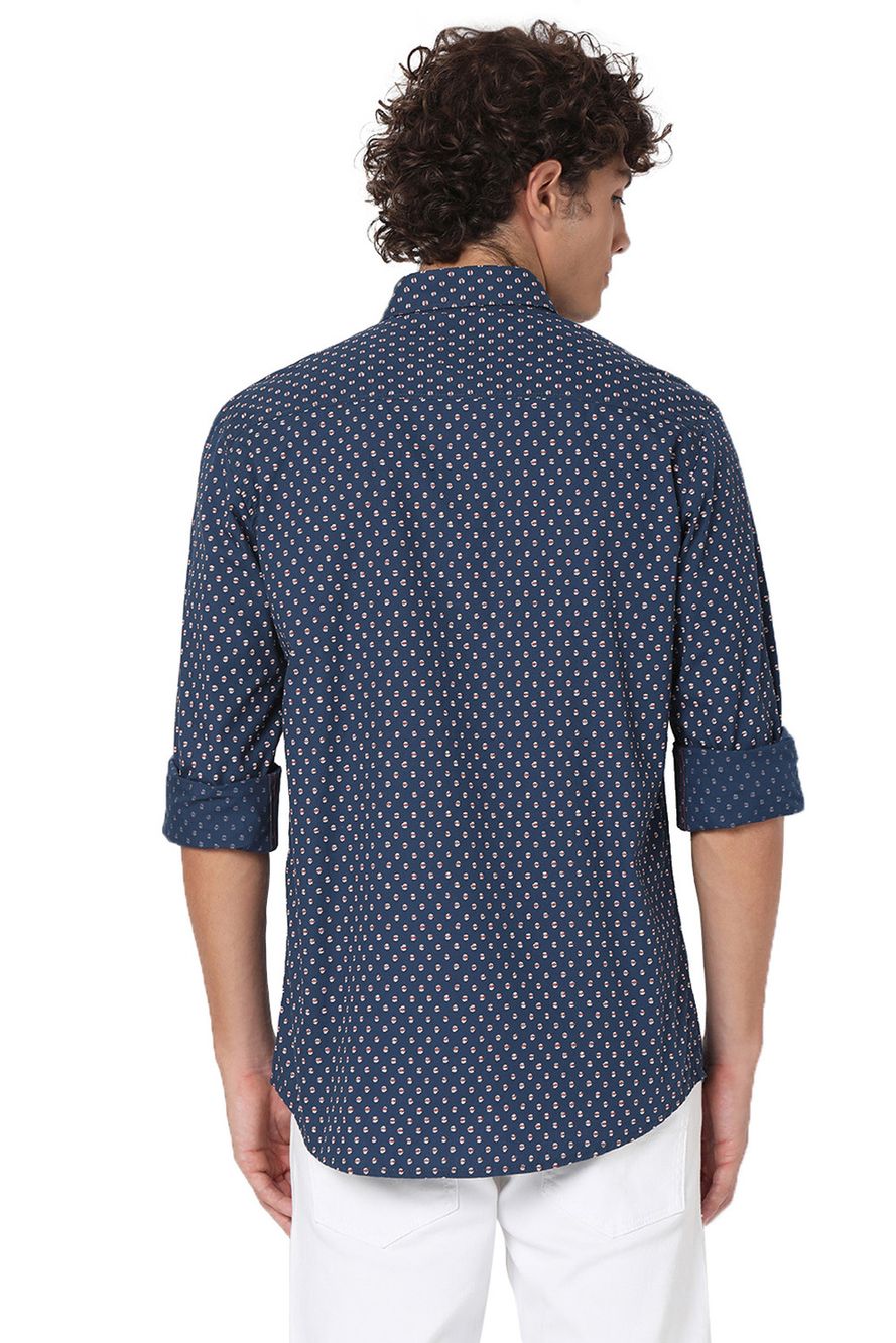 Navy & White Print Slim Fit Casual Shirt