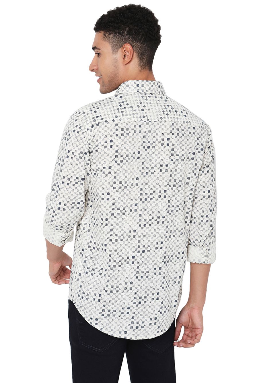 Off White & Navy Checkerboard Print Slim Fit Casual Shirt