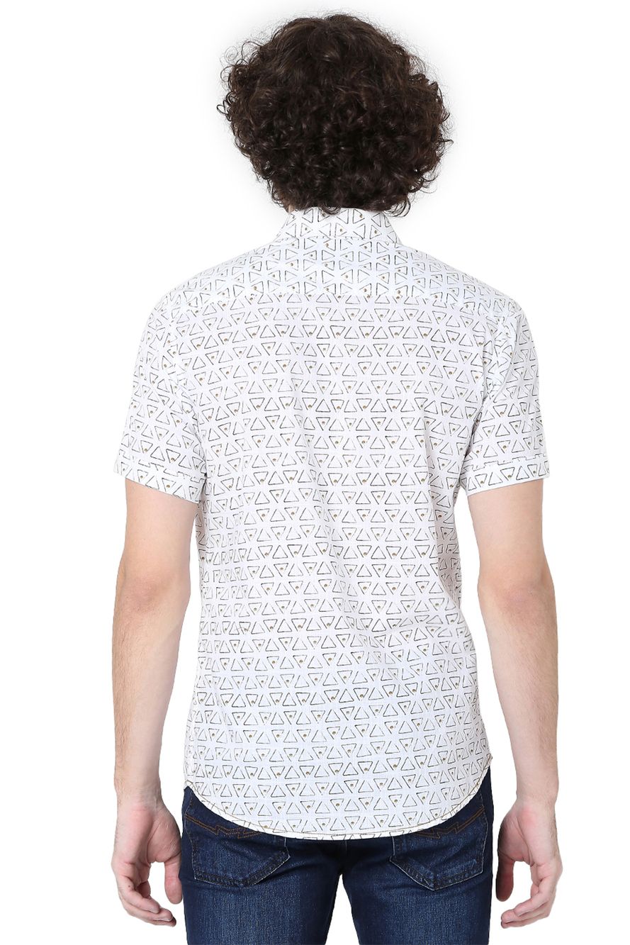 White & Mustard Geometric Print Slim Fit Casual Shirt