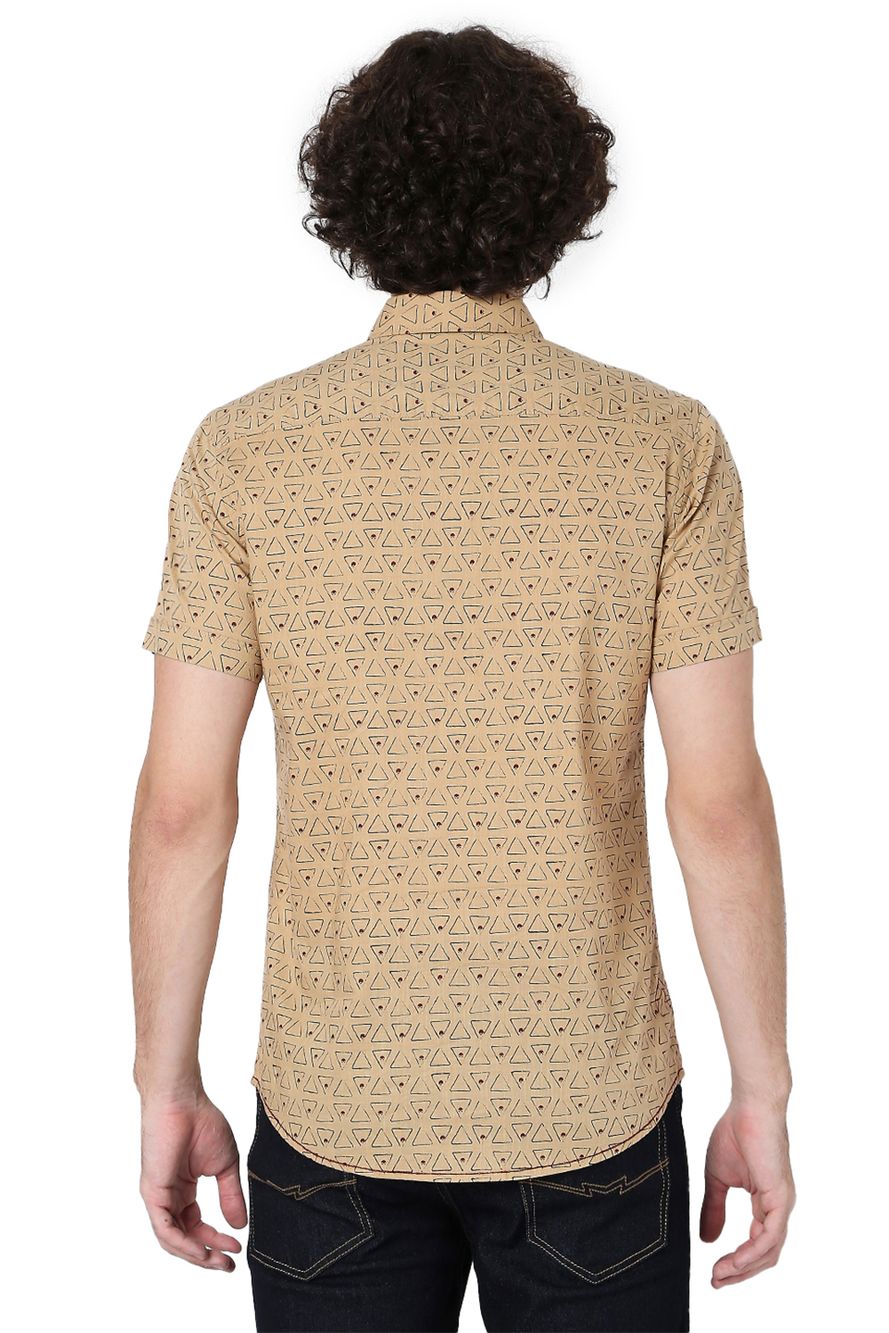 Light Khaki & Rust Geometric Print Slim Fit Casual Shirt