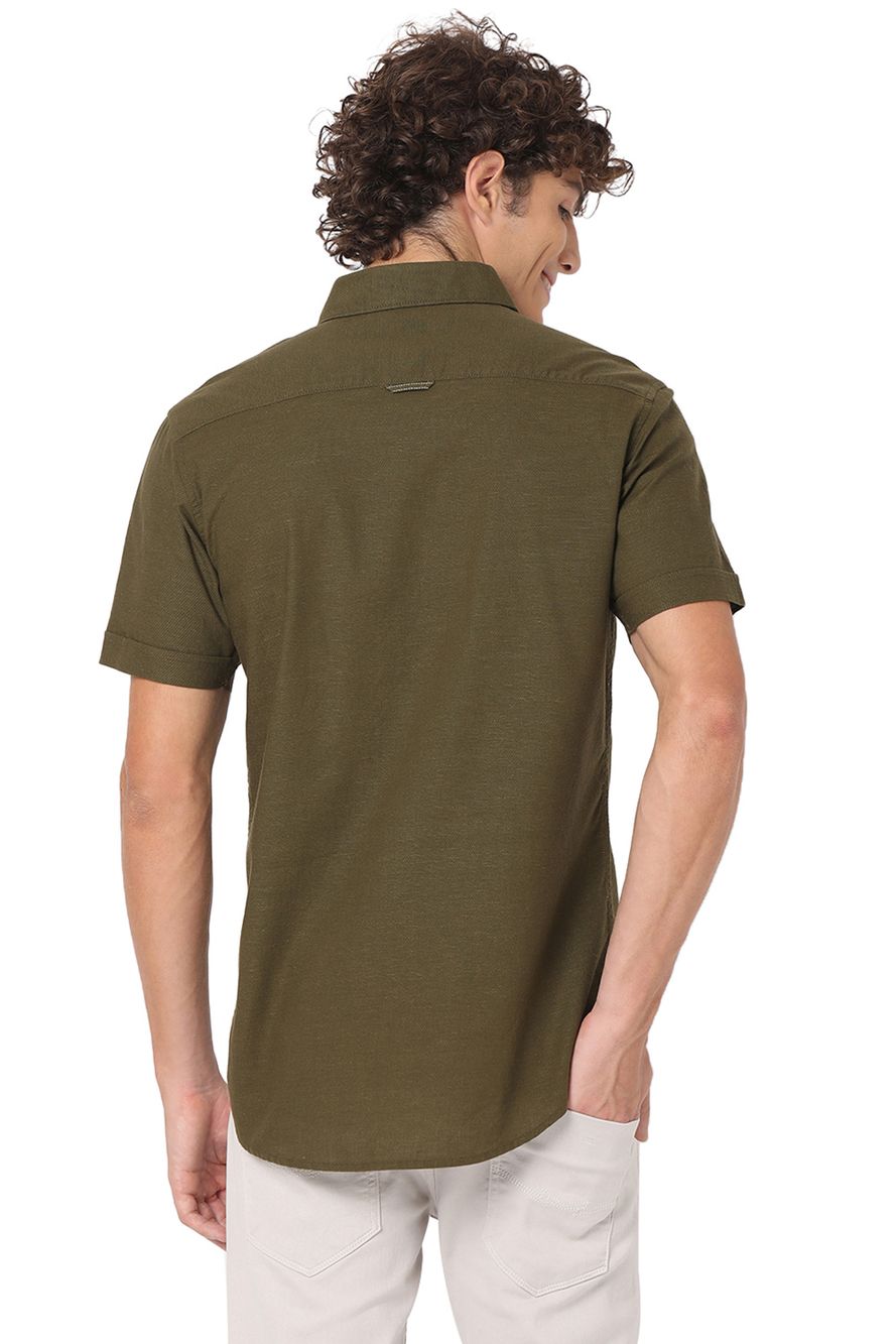 Olive Cotton Linen Military Slim Fit Casual Shirt