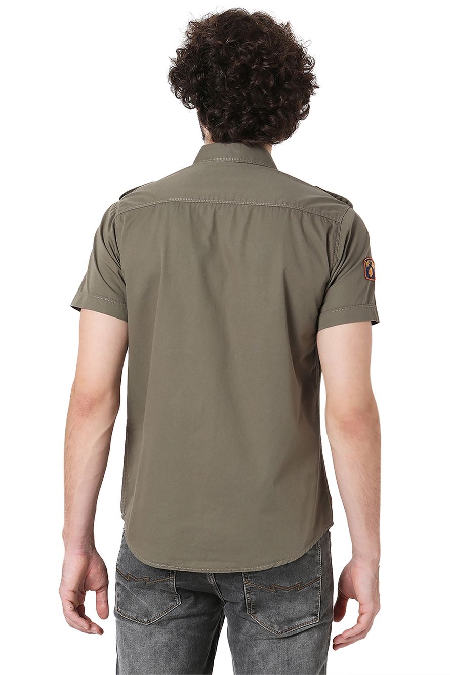 Light Olive Badged Slim Fit Casual Shirt