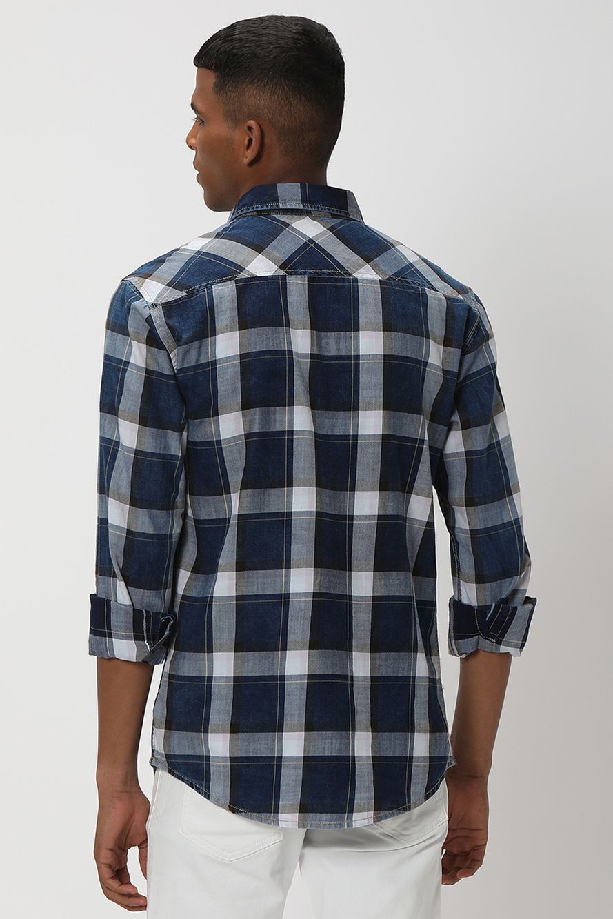 Dark Indigo Blue & White Windowpane Check Denim Shirt