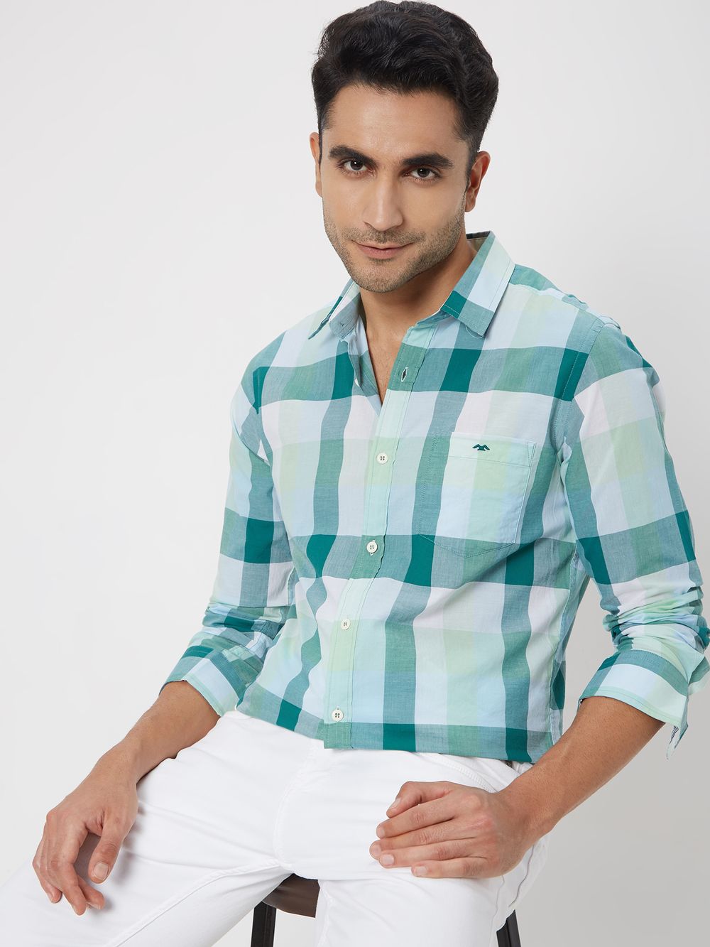 Light Green Check Slim Fit Casual Shirt