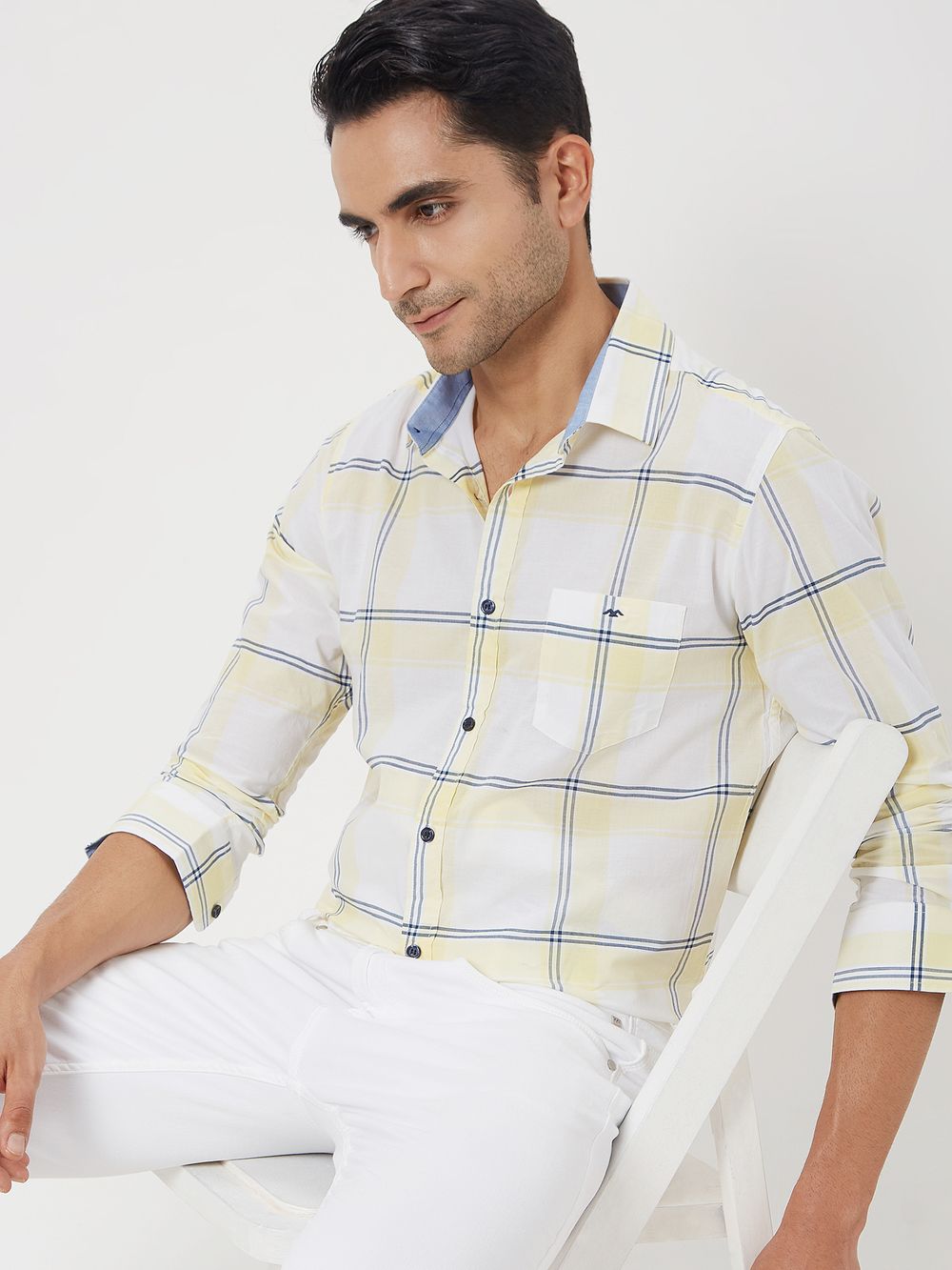 White & Light Yellow Windowpane Check Slim Fit Casual Shirt