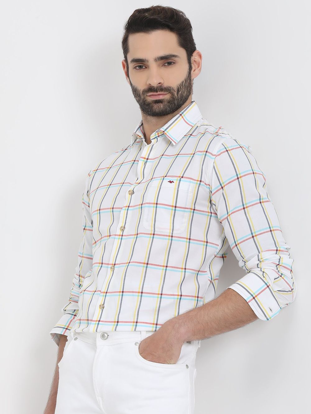 Off White & Yellow Large Check Slim Fit Casual Shirt