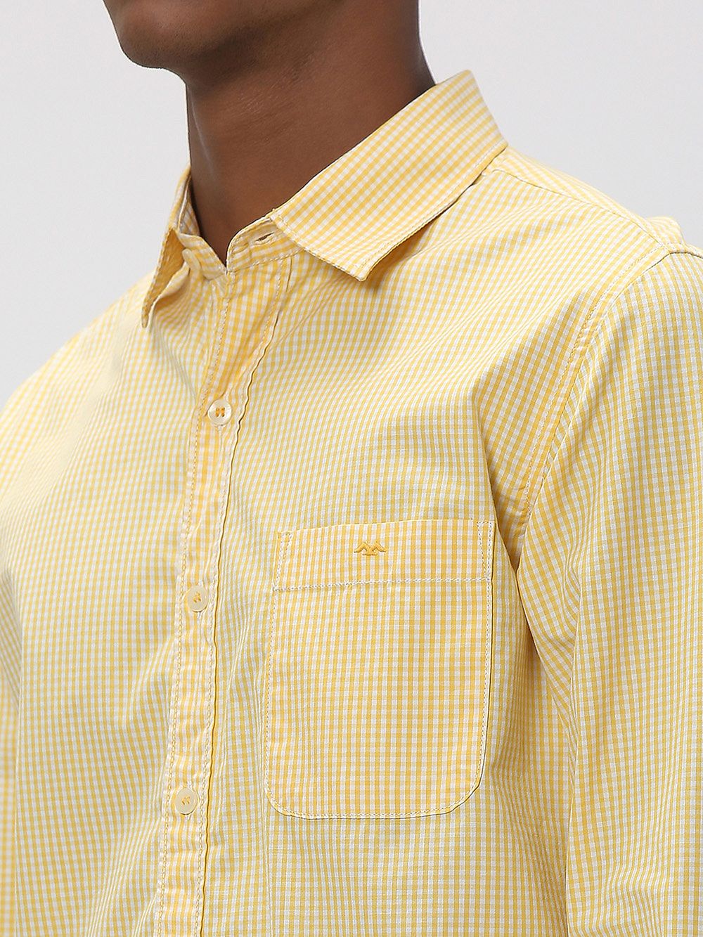 Yellow & White Gingham Check Slim Fit Casual Shirt