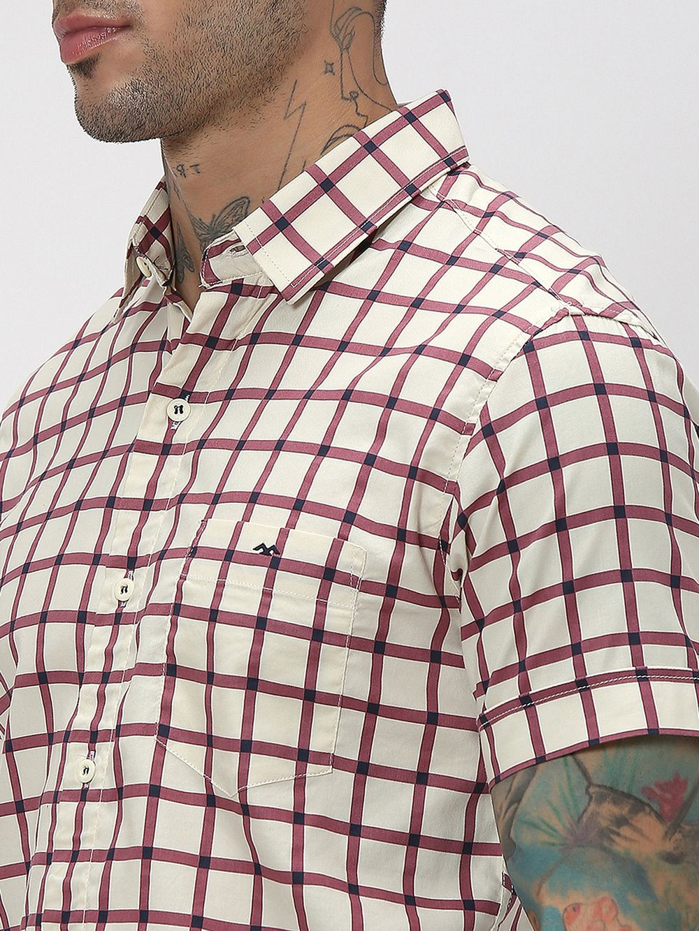 Off White & Pink Grid Check Slim Fit Casual Shirt