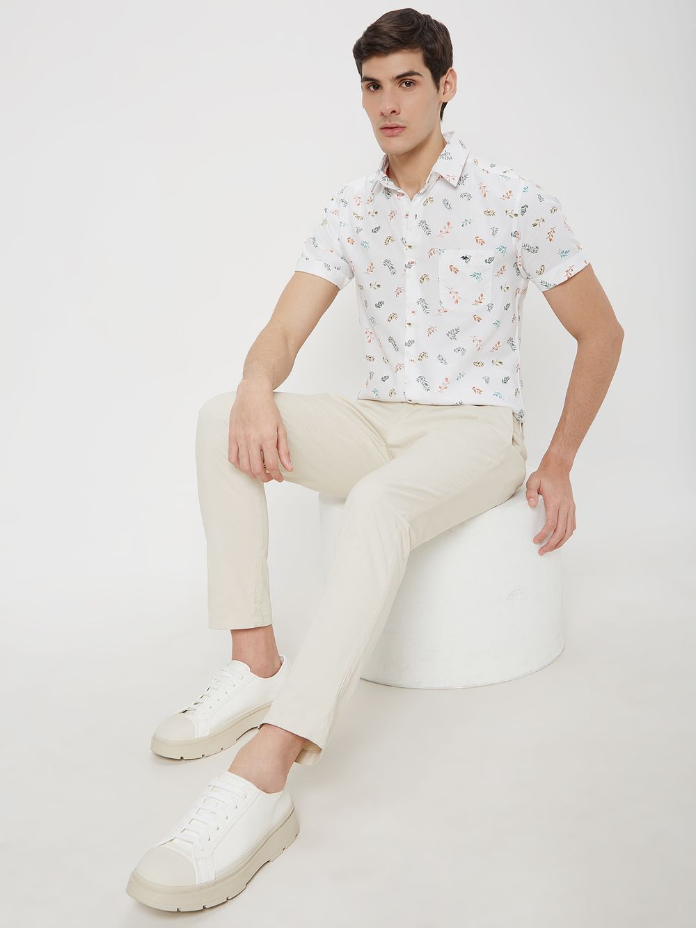 White & Multi Floral Print Slim Fit Casual Shirt