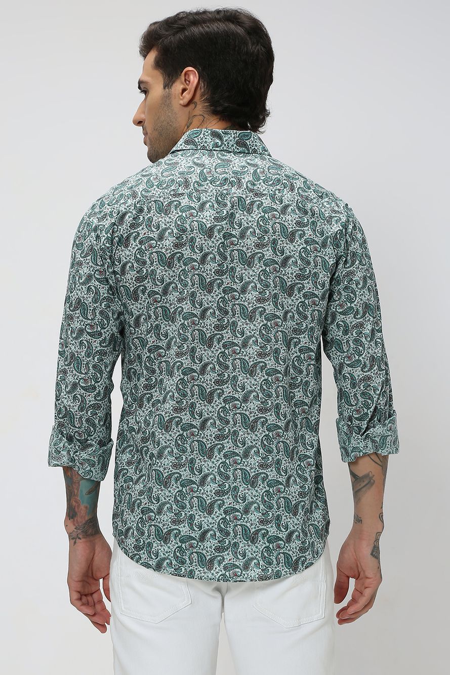 Green Paisley Print Slim Fit Casual Shirt