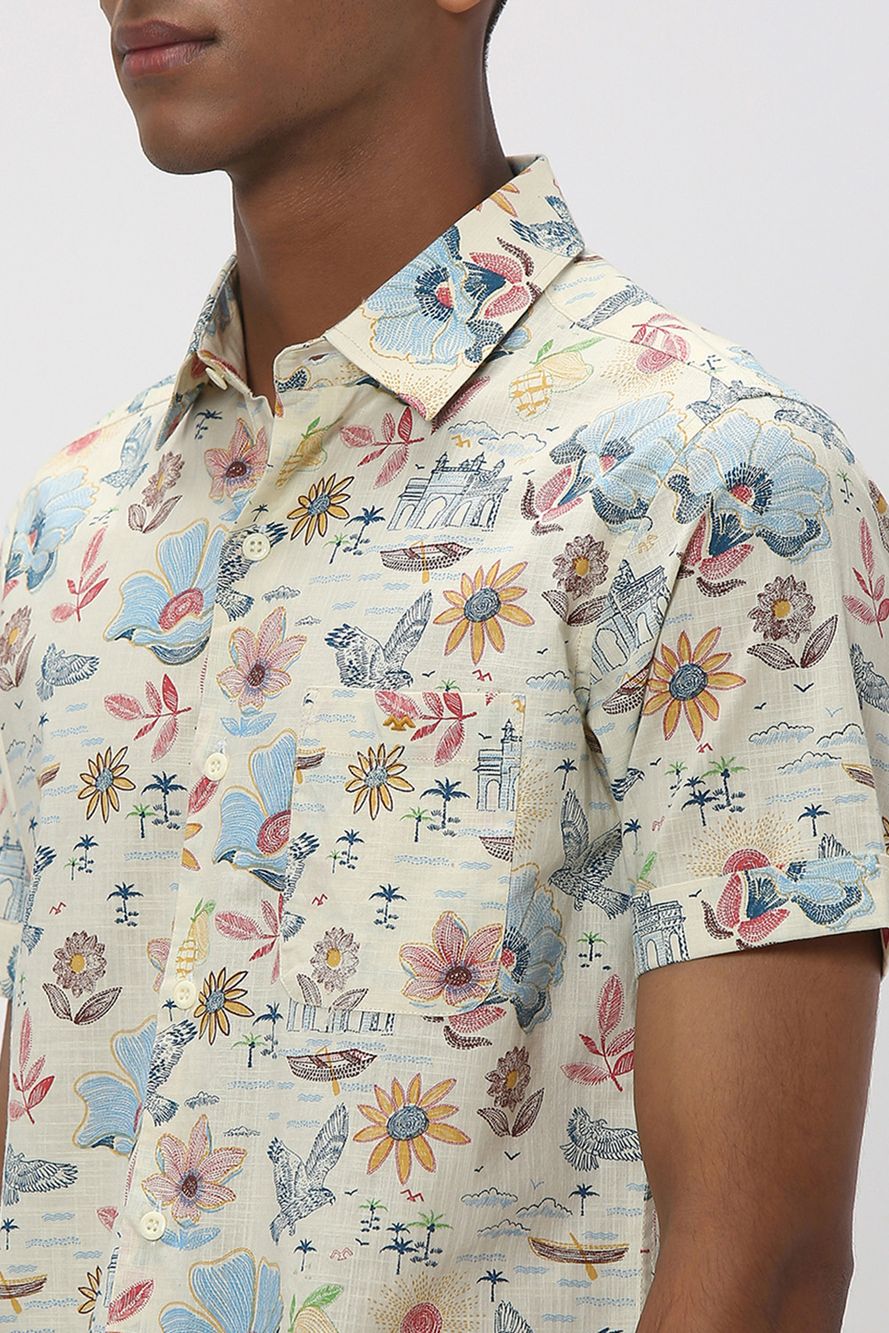 Off White & Multi Tropical Print Slim Fit Casual Shirt