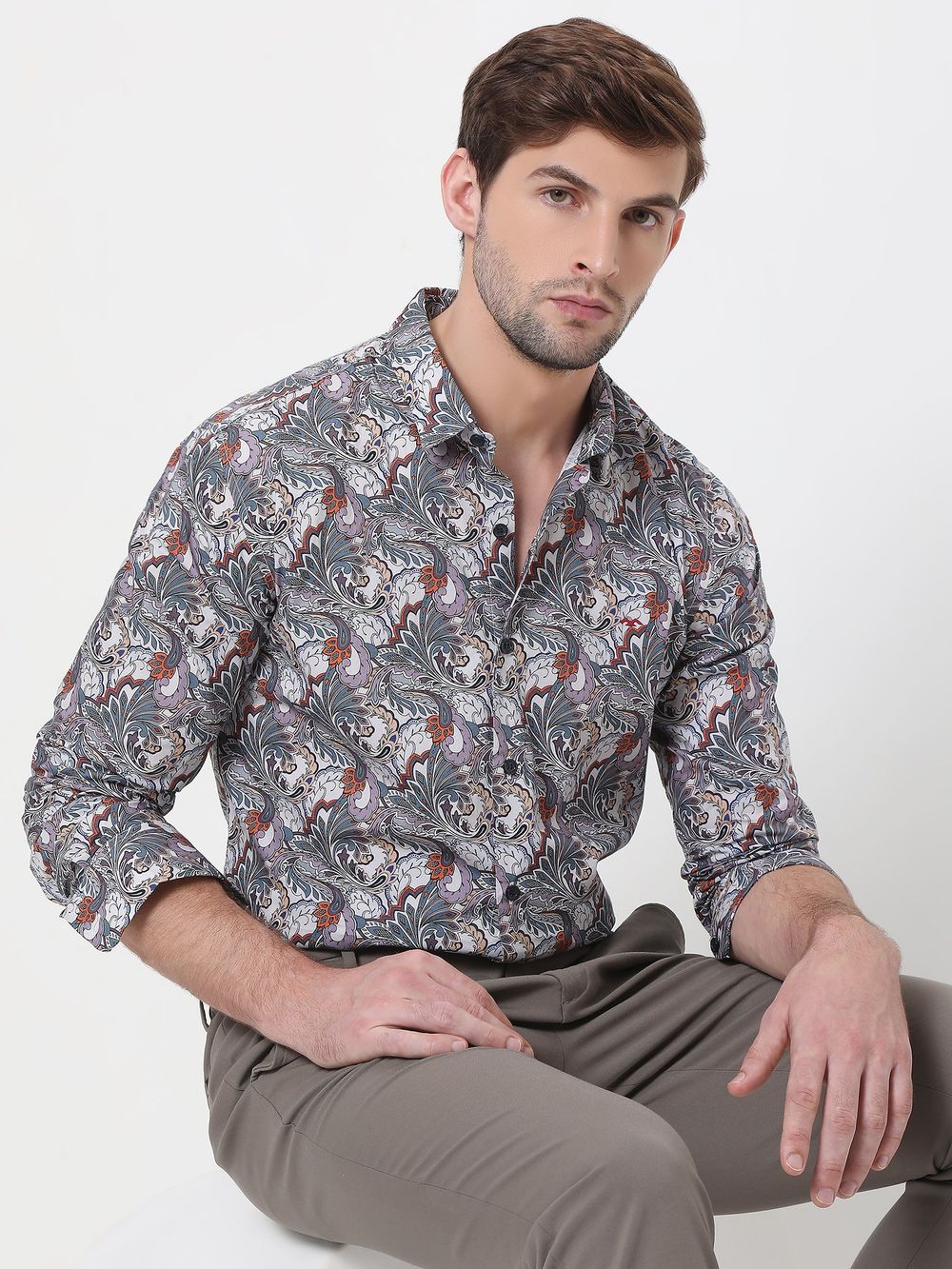 Light Grey & White Digital Print Slim Fit Casual Shirt