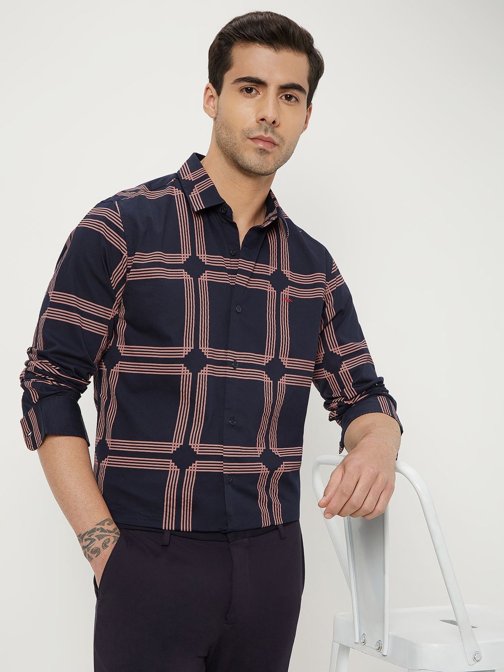 Navy Printed Check Lightweight Shirt