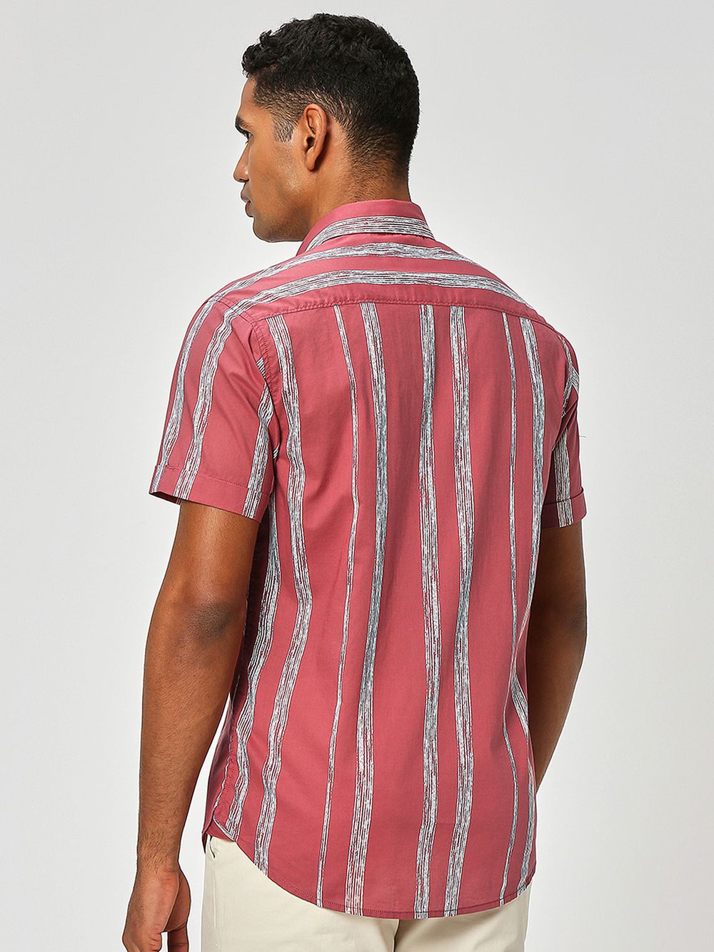 Pink & Off White Printed Stripe Lightweight Shirt