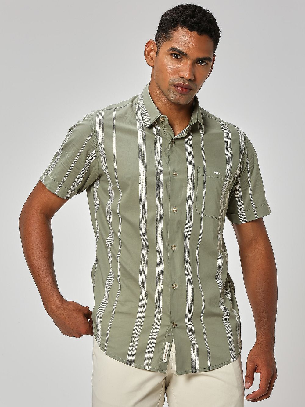 Light Olive Printed Stripe Lightweight Shirt