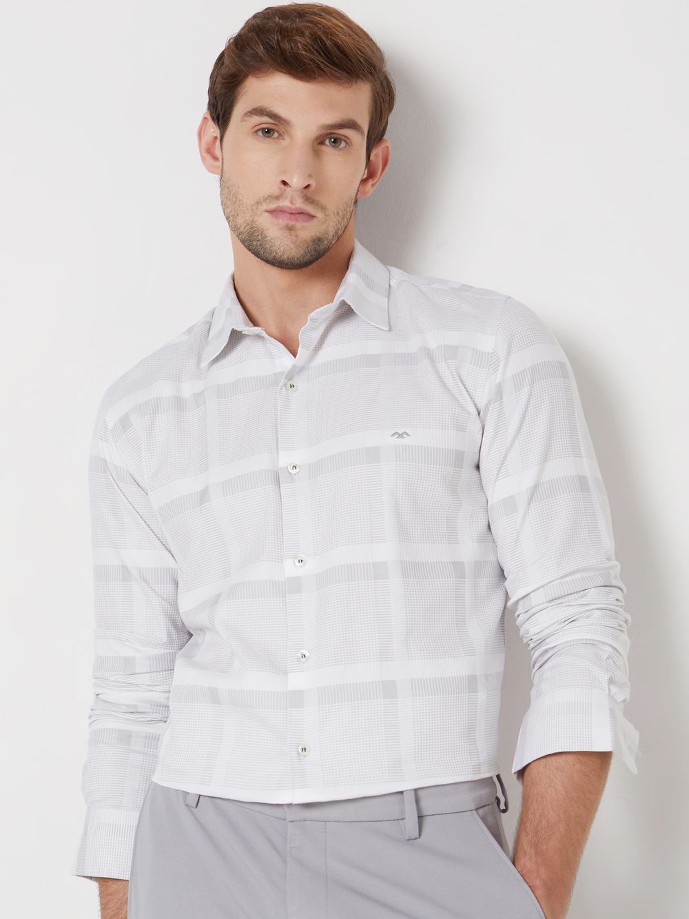 Light Grey Tonal Check Slim Fit Casual Shirt