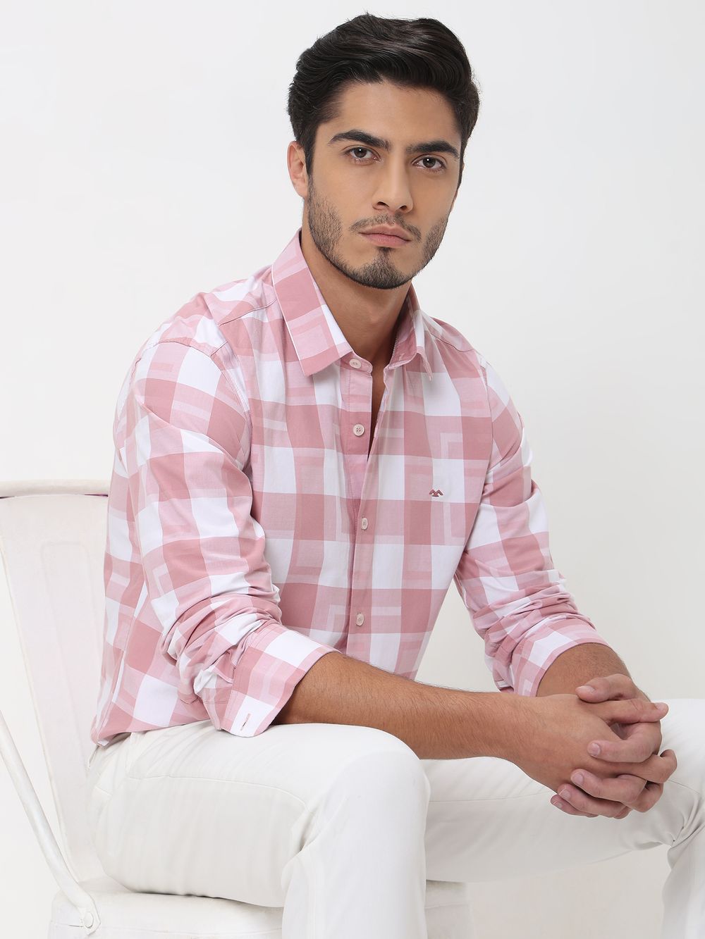 Pink Large Check Slim Fit Casual Shirt